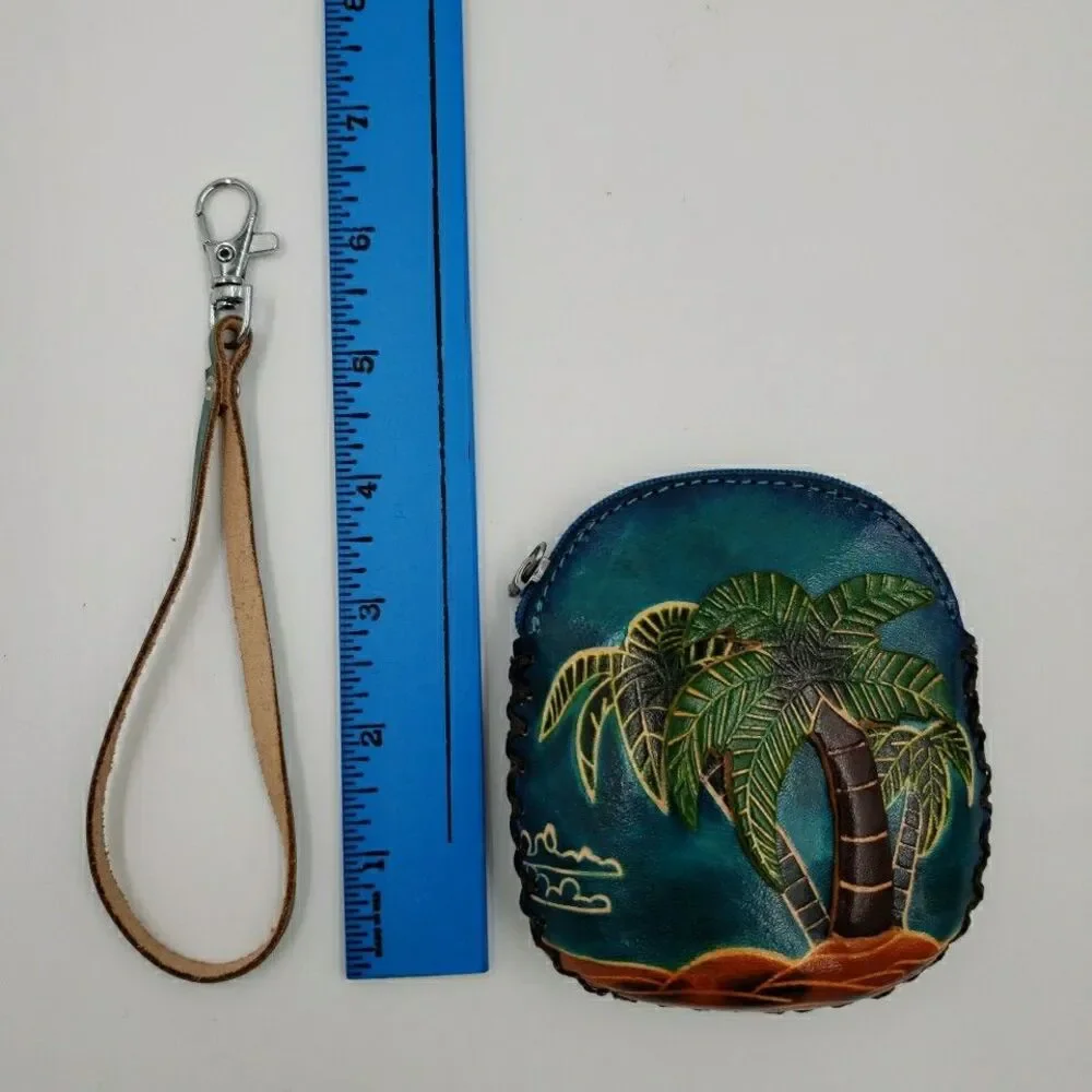 Tropical Palm Tree Wristlet Gift Card Holder Handmade Leather Surfer Mini Purse